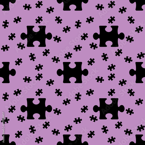 Fototapeta Naklejka Na Ścianę i Meble -  Seamless pattern. Image of black puzzle elements on pastel purple purple backgrounds. riddle. Template for applying to surface. 3D image. 3D rendering.