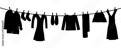 Silhouettes of laundry on rope isolated on white background. Various clothes hanging on clothesline. Clean apparel drying on line. Washingline with dresses monochrome icon. Stock vector illustration