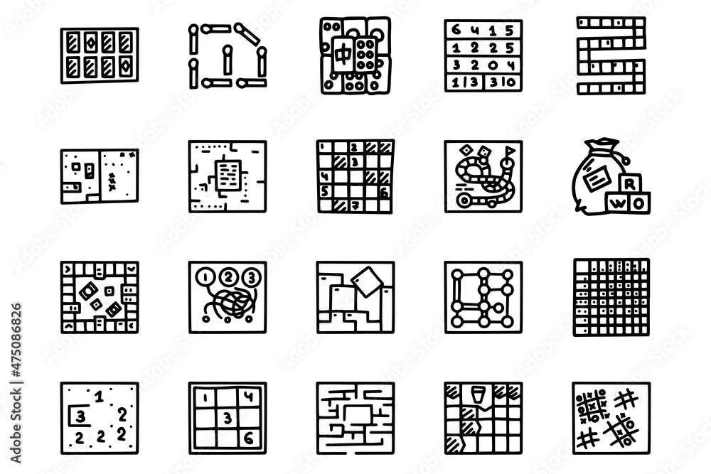 Brain teaser games line vector doodle simple icon set