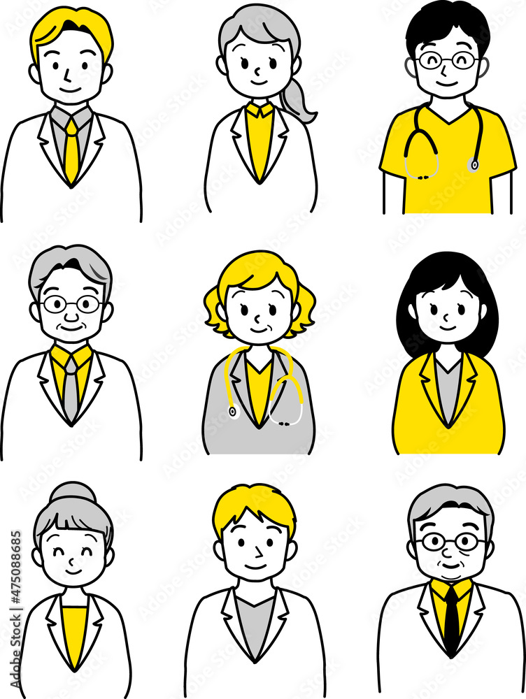 人物イラスト素材：医療現場で働く医療従事者（男女正面/上半身）　主線あり白背景　20代～シニア
