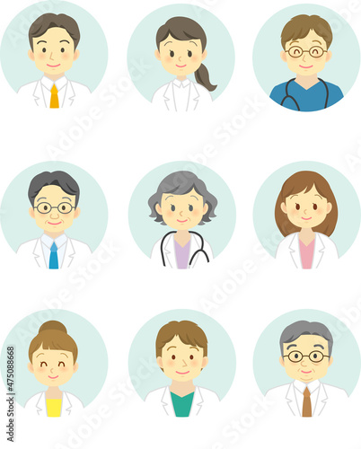 人物イラスト素材：医療現場で働く医療従事者の丸いアイコンマーク（男女正面/上半身）　20代～シニア
