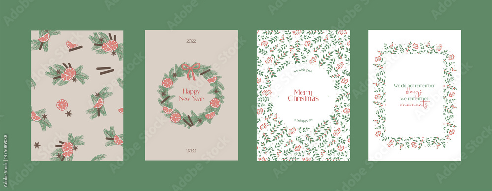 Merry Christmas and Happy New Year Set of backgrounds, greeting cards, posters, holiday covers. Christmas tree, balls, stars, sequins and elegant lettering. Trendy templates