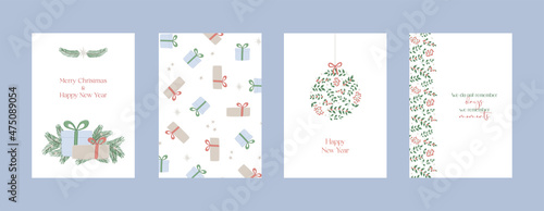 Merry Christmas and Happy New Year Set of backgrounds, greeting cards, posters, holiday covers. Christmas tree, balls, stars, sequins and elegant lettering. Trendy templates