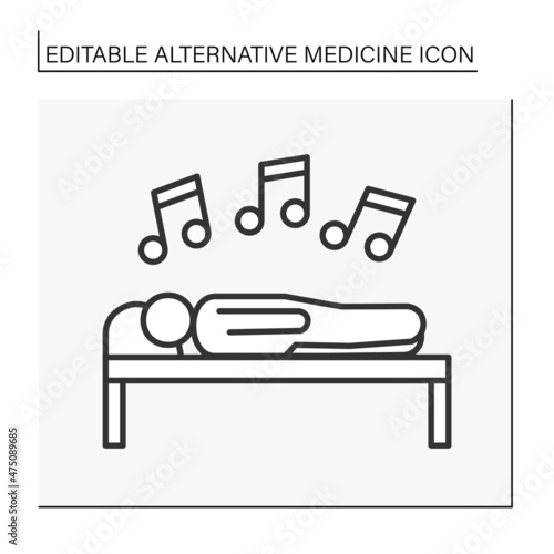  Treatment line icon. Music therapy. Person laying on the medicine table for relaxation and meditation. Alternative medicine concept. Isolated vector illustration. Editable stroke © Antstudio