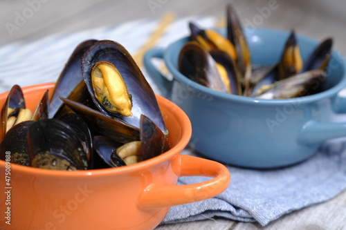 Foto A close-up of two orange and blue mussel casseroles to make the contrast with the mussels