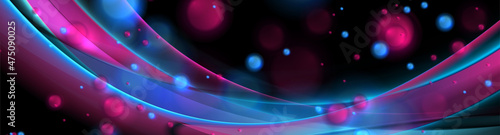 Blue purple shiny waves with violet bokeh bubbles abstract banner design. Elegant vector background