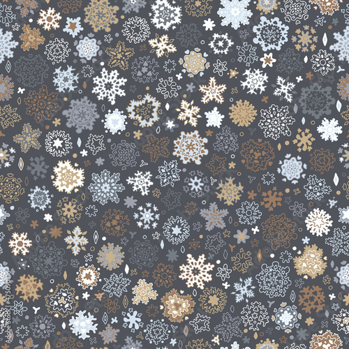 Fantasy snowflakes doodle seamless pattern. Winter background fabric swatch. Vector illustration grey snow, New Year texture. Christmas wallpaper, wrap. Monochrome print snowfall, cold weather. Back.