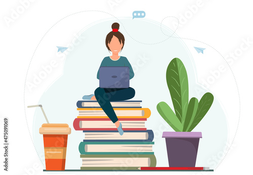 Young happy woman working with laptop, education concept, freelance work concept, flat vector illustration