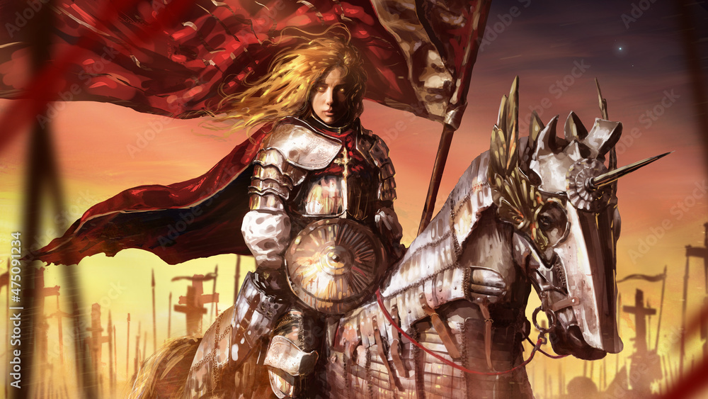 Naklejka premium A beautiful female knight with divine golden eyes and hair in shiny plate armor with a red cloak and a flag rides in the middle of the crusader army on an armored horse, behind a bright sunset. 2d art