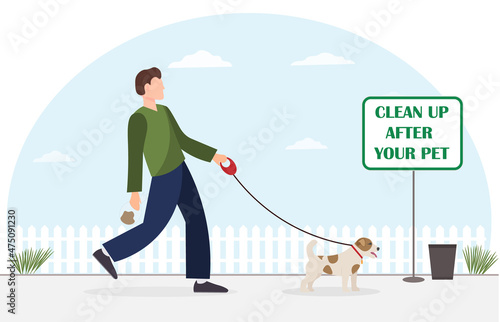 Happy young man walking with his dog, cleaning up after the pets concept, environmental protection concept, flat vector illustration
