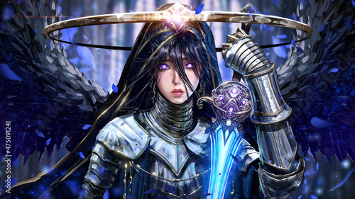 A sweet young angel girl with heavenly purple eyes, in dense shiny armor and a hood with golden patterns. she has black star wings and a magic sword, a wide halo over her head and black hair. 2d art photo