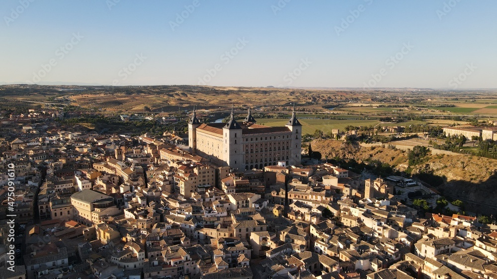 Nice aerial image of the city of Toledo, with the cathedral and the old town. River that surrounds the cid