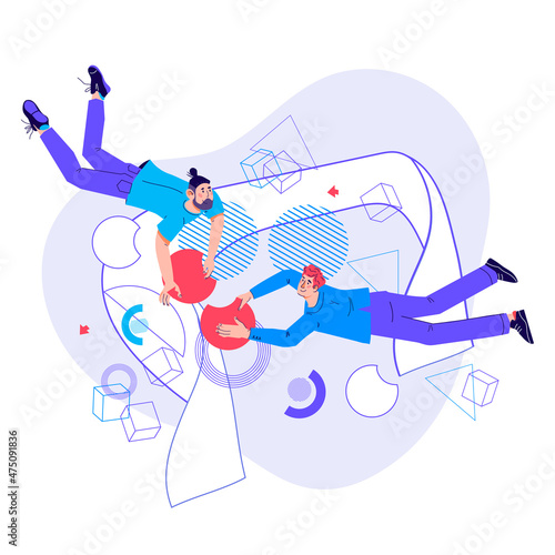 Business teamwork and partnership concept with business people connecting puzzle parts in flight. Company cooperation and collaboration, flat vector illustration isolated on background.