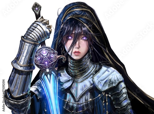 A cute knight girl with long black hair and purple eyes, she is wearing a  beautiful dense shiny armor with golden edges, she holds a magical holy  sword with patterns shining with
