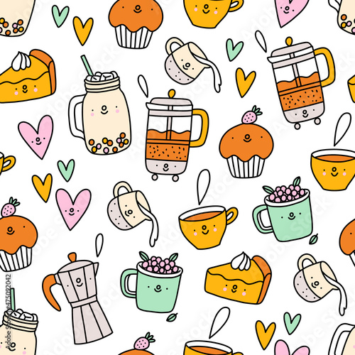 Cute coffee and tea cartoon characters vector pattern