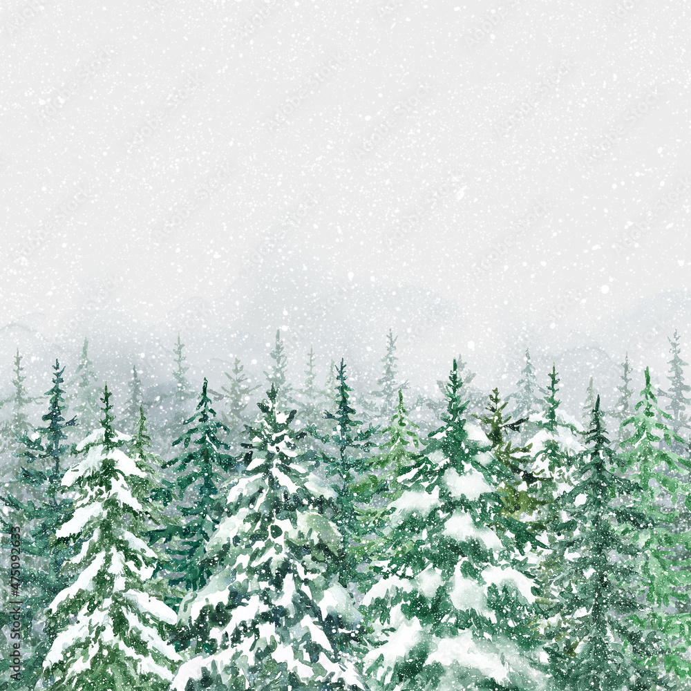 Watercolor winter conifer forest with falling snow, hand painted illustration. Natural frame for cards, invitations. Christmas background. Pine trees landscape