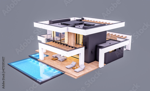 3d rendering of modern cozy house with pool and parking for sale or rent in luxurious style. In the evening. Isolated on gray
