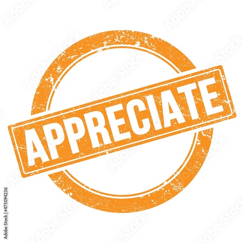 Photography APPRECIATE text on orange grungy round stamp.