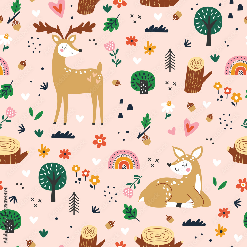 Seamless childish pattern with cartoon deer and forest elements. Creative  kids texture for fabric, wrapping, textile, wallpaper, apparel. Vector  illustration Stock Vector | Adobe Stock