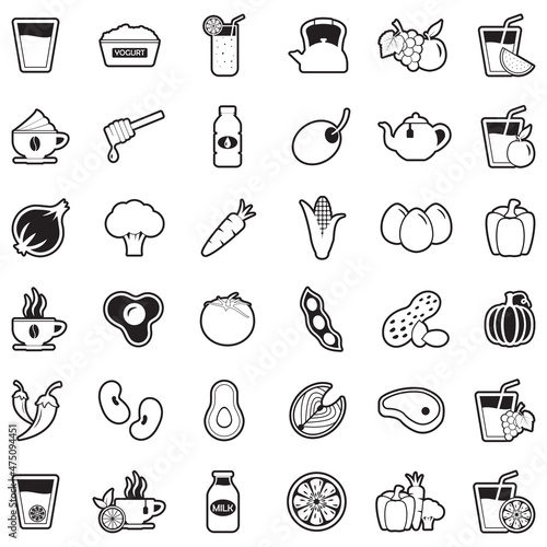 Healthy Food And Drink Icons. Line With Fill Design. Vector Illustration.