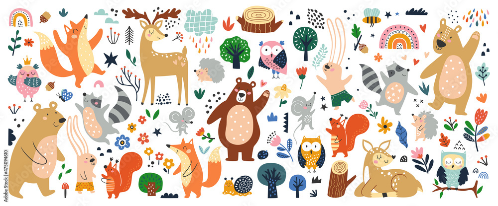 Isolated set with cute woodland forest animals in cartoon style. Ideal kids  design, for fabric, wrapping, textile, wallpaper, apparel Stock Vector |  Adobe Stock