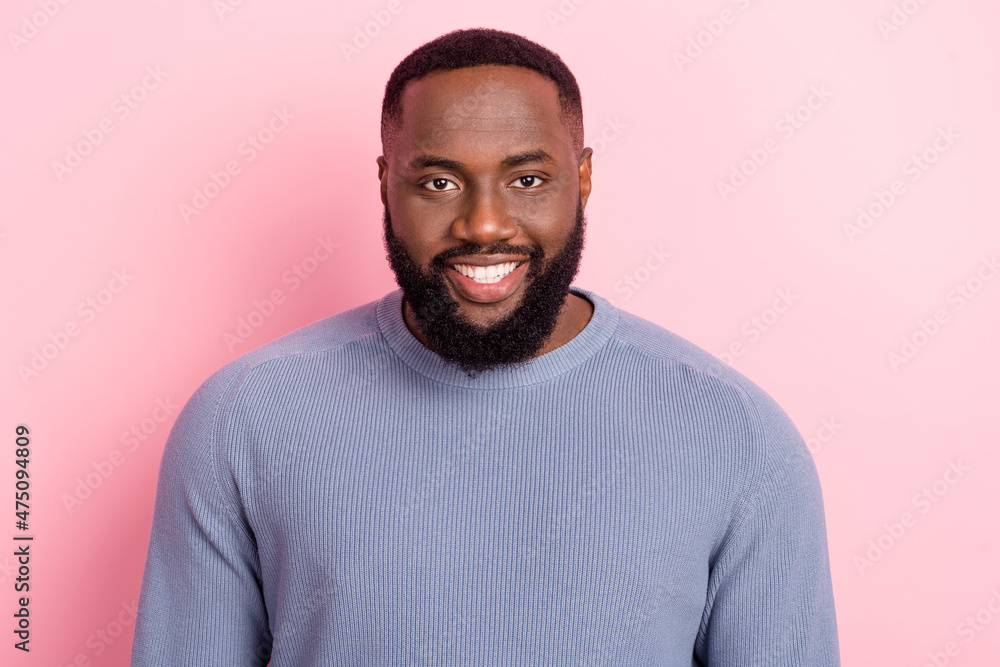 Photo of cheerful positive masculine guy shiny white smile wear grey pullover isolated pink color background Photo of cheerful positive masculine guy shiny white smile wear grey pullover isolated pink color background
