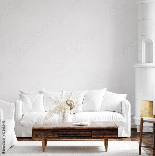 Fotografia, Obraz Scandinavian farmhouse living room interior, wall mockup, 3d render