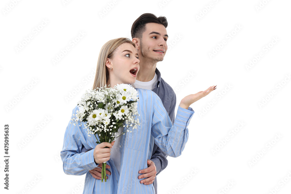 Cute couple with bouquet isolated on white background Cute couple with bouquet isolated on white background