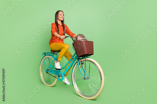 Full length profile side photo of young woman enjoy riding vehicle isolated over green color background © deagreez