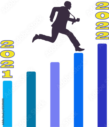 2022 . nuevo año laboral. hombre de traje subiendo un grafico de barras para alcanzar el 2022 en la cima, fondo transparente