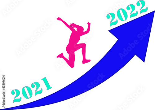 2022. nuevo año en la cima. mujer subiendo una flecha para alcanzar sus metas en el año 2022 y dejando atrás el 2021. Vector sin fondo, fondo transparente