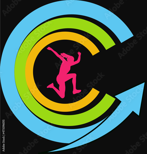 logo gimnasio. letra C con una mujer corriendo y una flecha marcando el rumbo hacia arriba