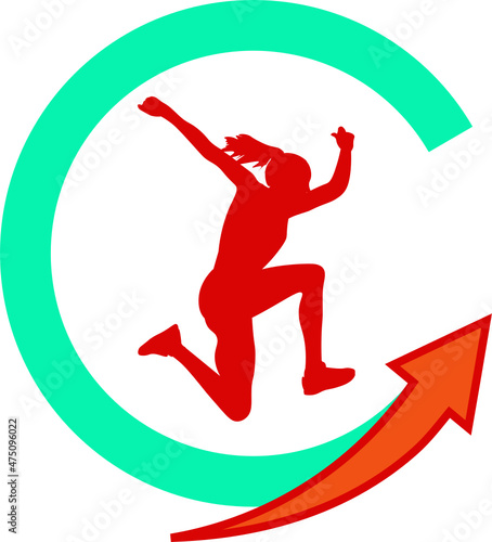 logo gimnasio. letra C con una mujer corriendo y una flecha marcando el rumbo hacia arriba. Vector sin fondo, fondo transparente