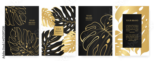 Exotic banner in black and gold colors. Floral cover, frame design set with tropical leaf pattern. Platinum vertical vector template for lux invitation party, luxury voucher, gift card.