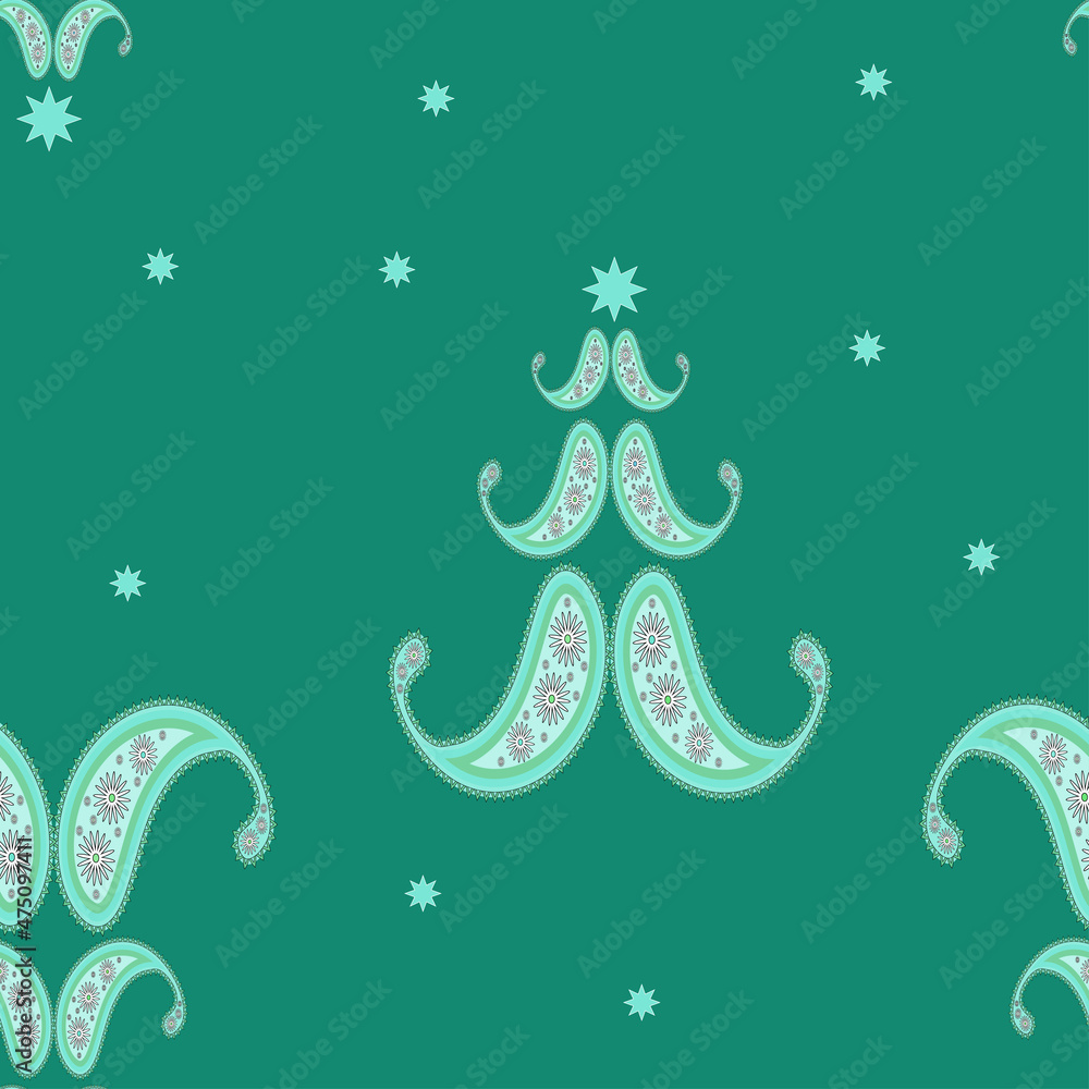 Naklejka premium Festive background of Christmas trees, like Paisley, turkish buta, stars in green colors. Seamless elegant bright background for packaging, textiles, gift boxes.