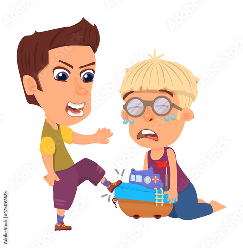 Bully kid. Child bad behavior. Boy attacking other kids.