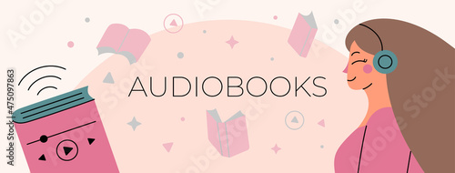 Beautiful banner illustration with an audio book. 