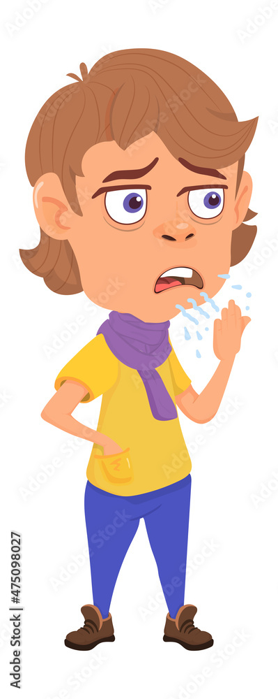 Boy cough. Sick kid. Child disease. Cartoon character Boy cough. Sick kid. Child disease. Cartoon character