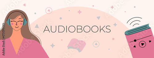 Beautiful banner illustration with an audio book. 