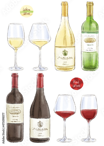 A set of hand-drawn illustrations of red wine and white wine. Two types of bottles and two types of glasses.