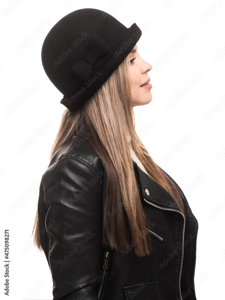 Woman in black felt hat and leather jacket Woman in black felt hat and leather jacket
