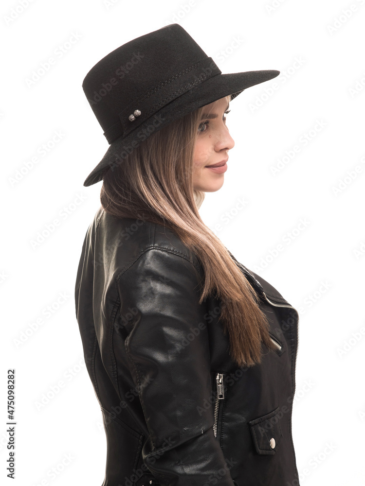 Woman in black felt hat and leather jacket Woman in black felt hat and leather jacket