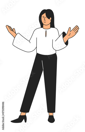 Young woman shruging. Person with wide open arms. Not knowing gesture
