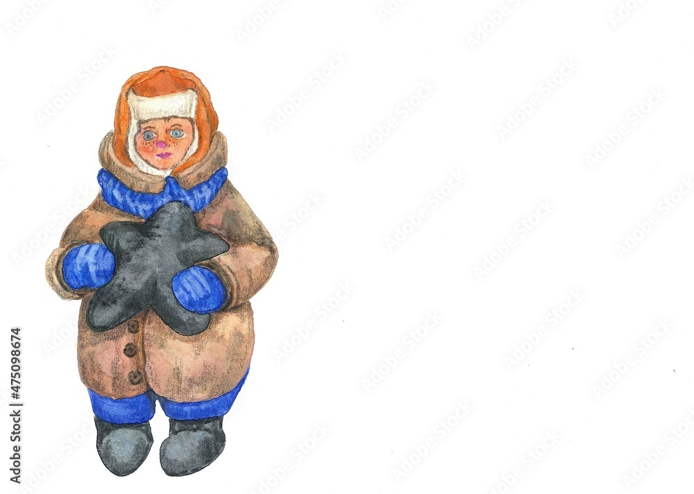 watercolor illustration of little boy in sheepskin coat,felt boots,hat with earflaps with toy star in his hands isolated on white background.New Year's card. Vintage cotton toys for Christmas tree watercolor illustration of little boy in sheepskin coat,felt boots,hat with earflaps with toy star in his hands isolated on white background.New Year's card. Vintage cotton toys for Christmas tree