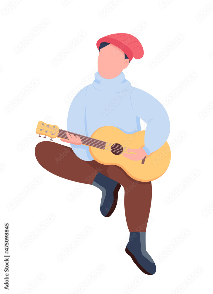 Man playing guitar semi flat color vector character. Sitting figure. Full body person on white. Musicing outdoor isolated modern cartoon style illustration for graphic design and animation