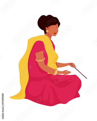 Woman in traditional sari semi flat color vector character. Sitting figure. Full body person on white. National holiday isolated modern cartoon style illustration for graphic design and animation