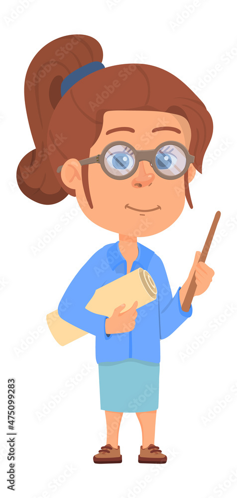 Girl with teacher wooden pointer stick and paper scroll Girl with teacher wooden pointer stick and paper scroll