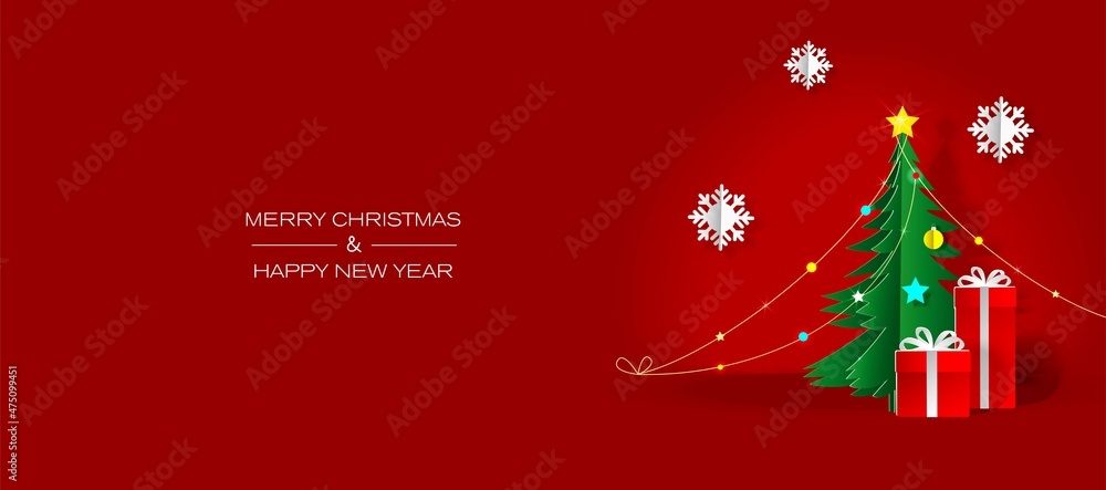 Naklejka premium Happy New Year illustration. Christmas tree on a red background. Digital craft style.