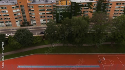 Colorful apartment buildings and football stadium of central Stockholm, aerial drone view photo