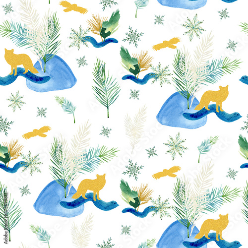 Fototapeta Naklejka Na Ścianę i Meble -  Kids seamless abstract pattern with hand drawn watercolor winter floral, snowflakes, golden fox owl animals. Stock illustration.